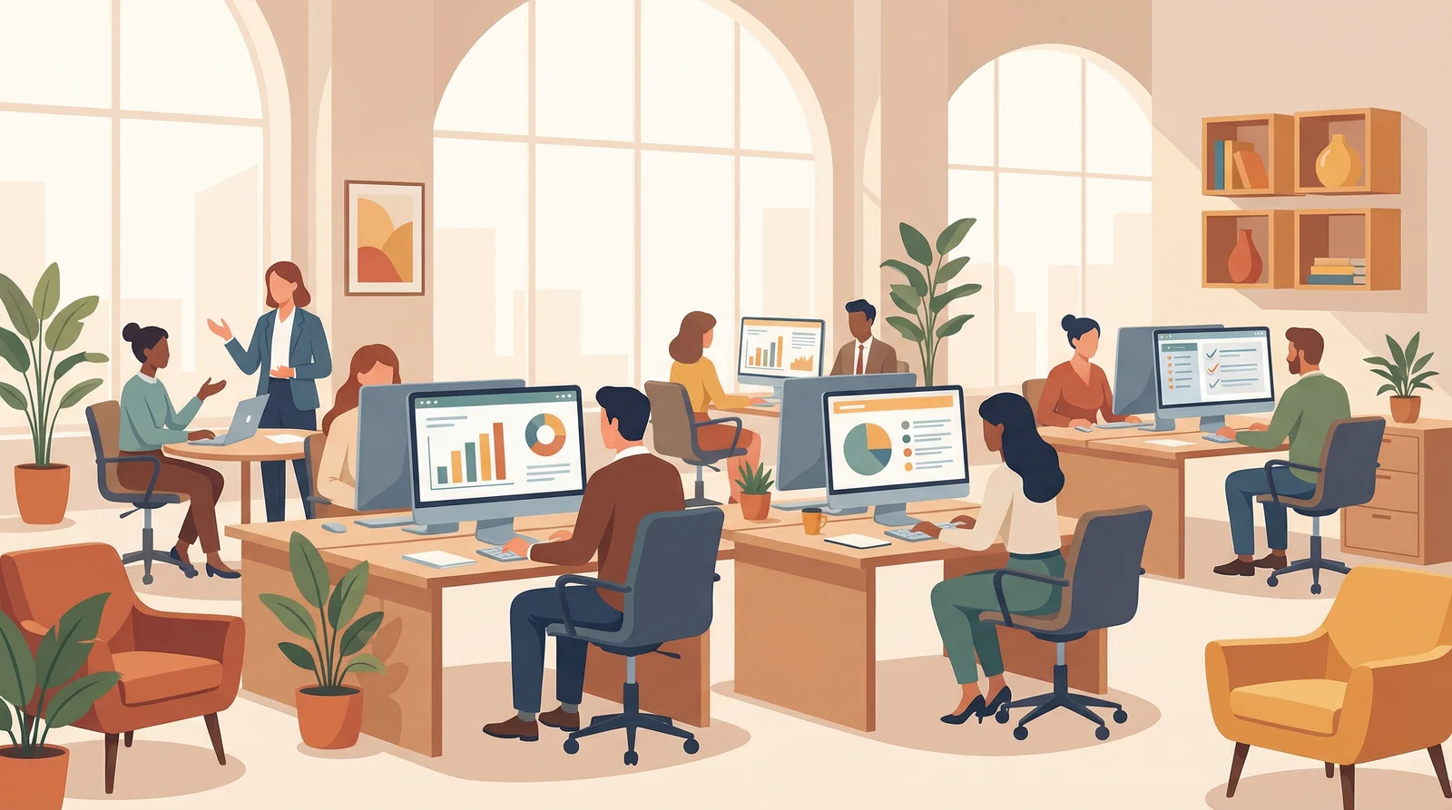 Команда работает над контролем задач в офисе