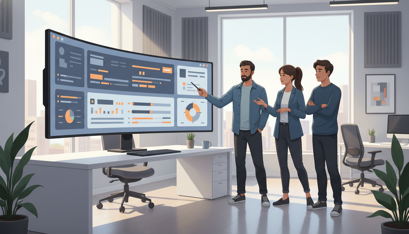 Команда работает с системой управления проектами на мониторе компьютера