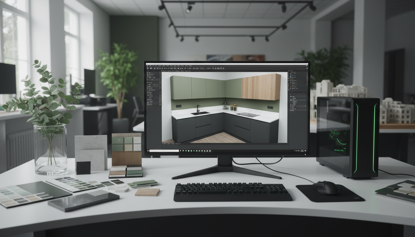 3D kitchen design rendering showing cabinet and color options