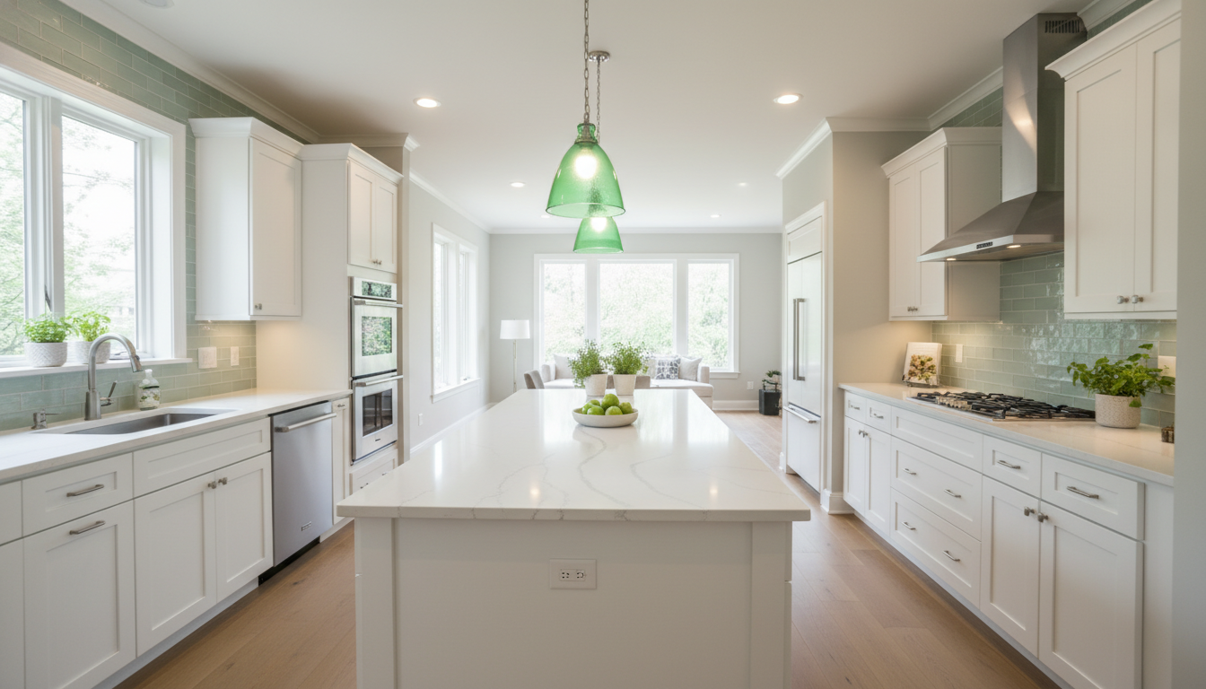 Modern kitchen design with white cabinets and quartz countertops