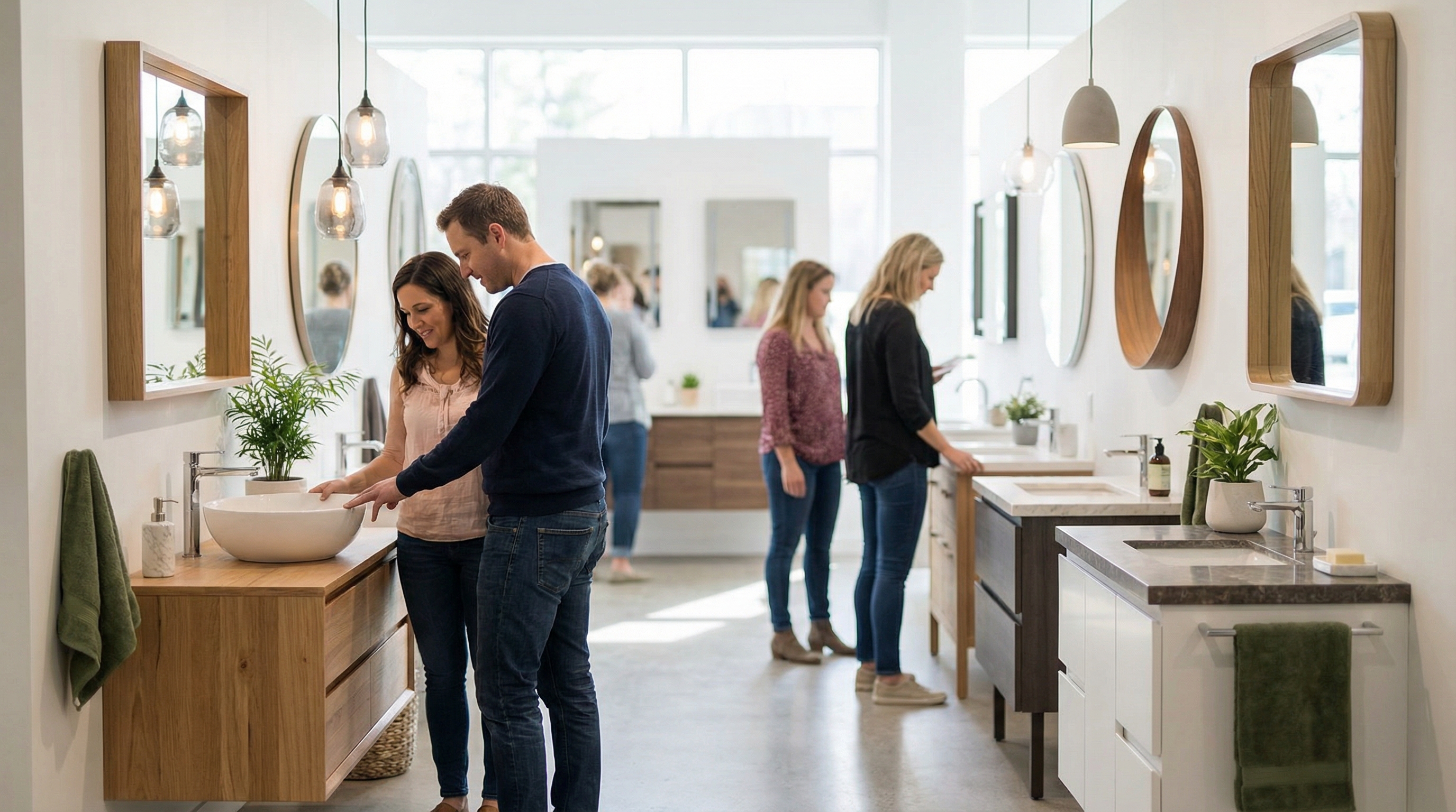 Bathroom showroom display area with multiple vanity and fixture options