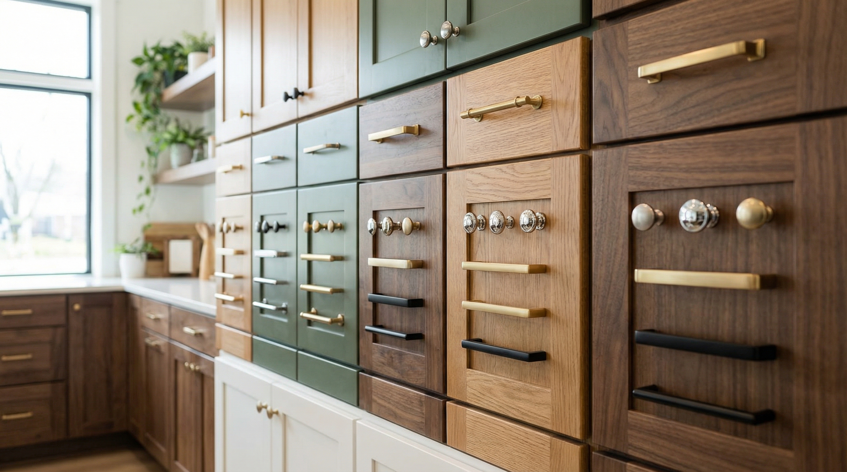 Kitchen cabinet hardware samples showing multiple finish options