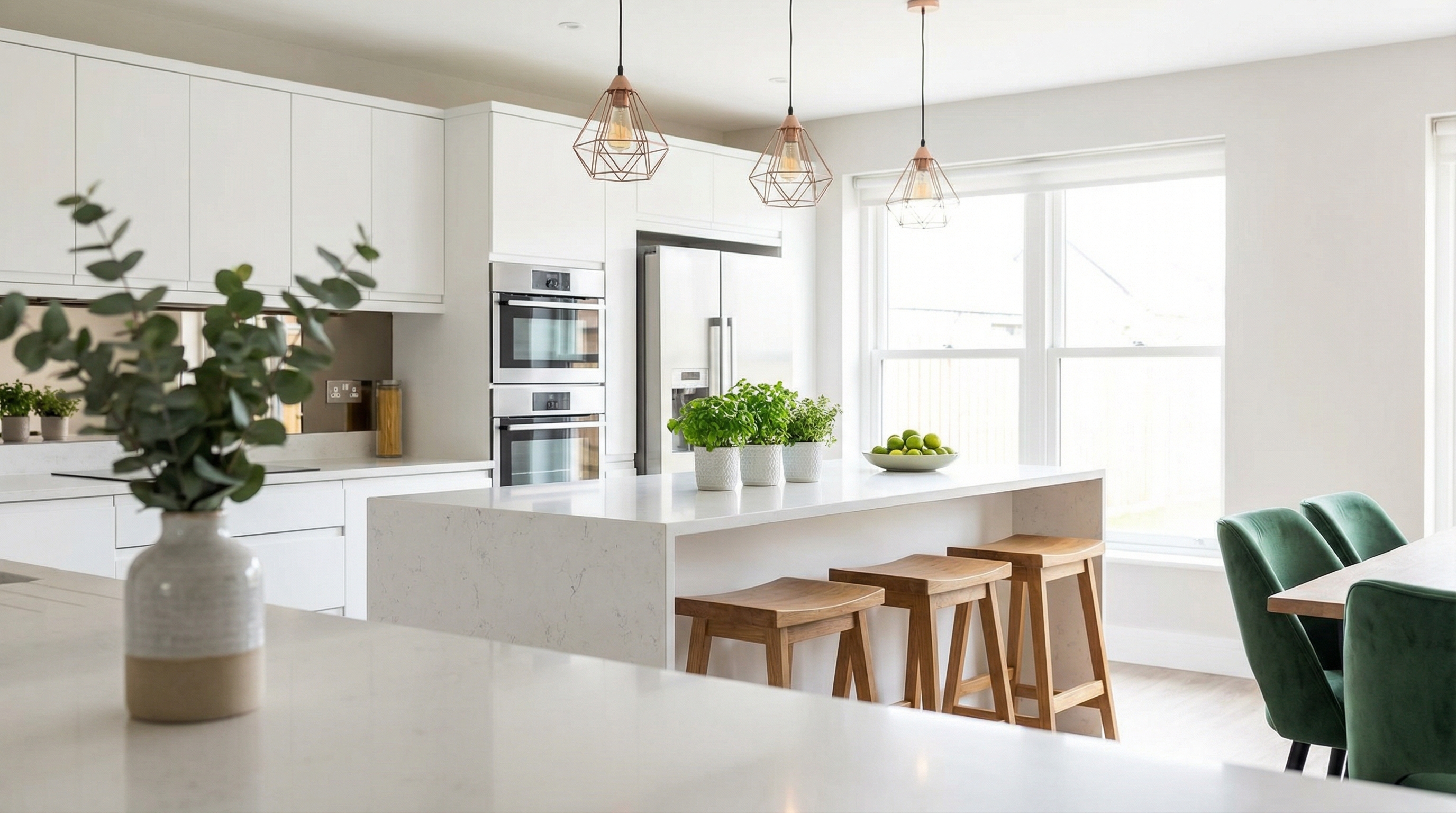Contemporary kitchen design with white cabinetry and modern island layout