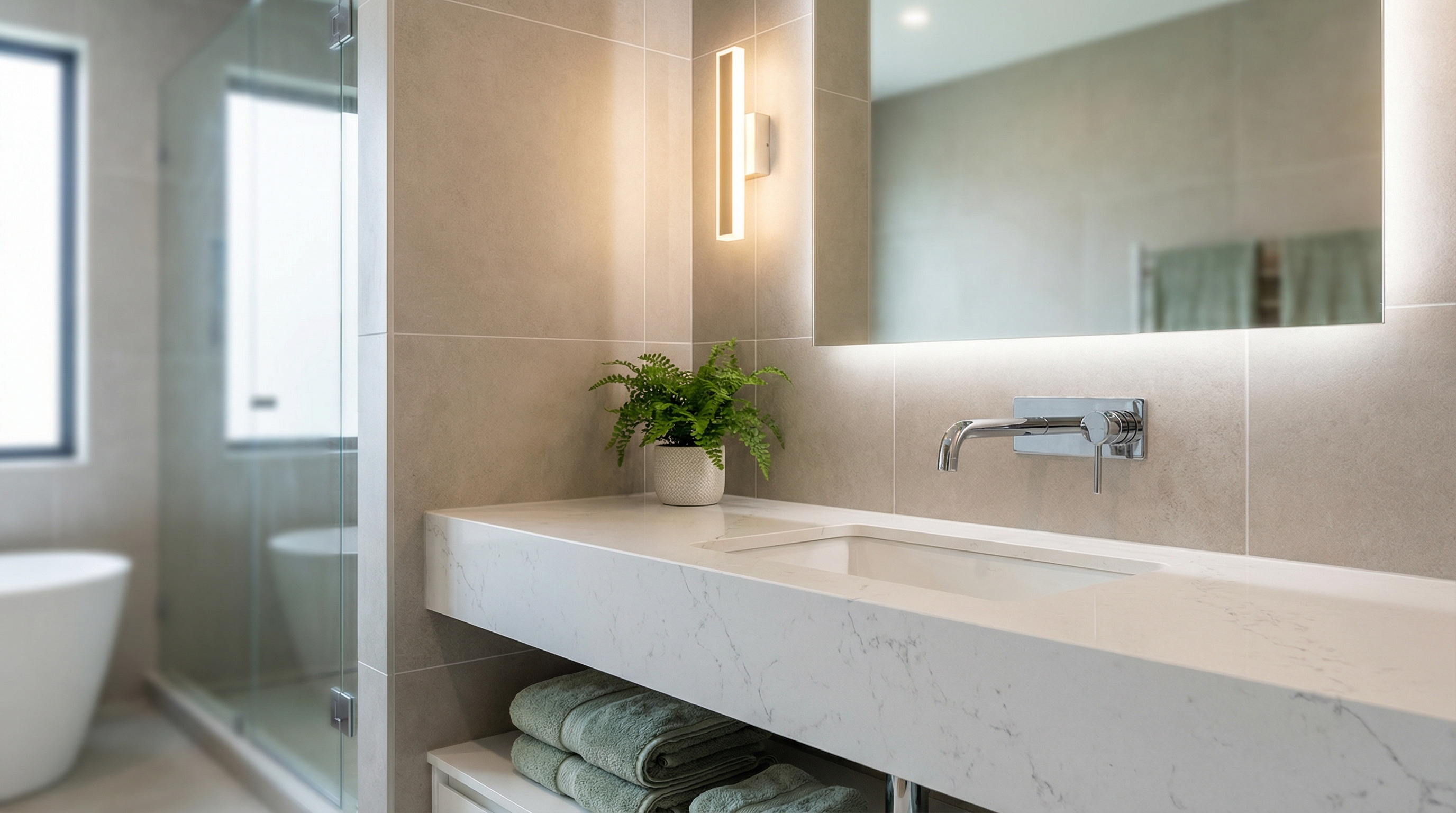Luxury bathroom vanity design with quartz countertop and modern fixtures
