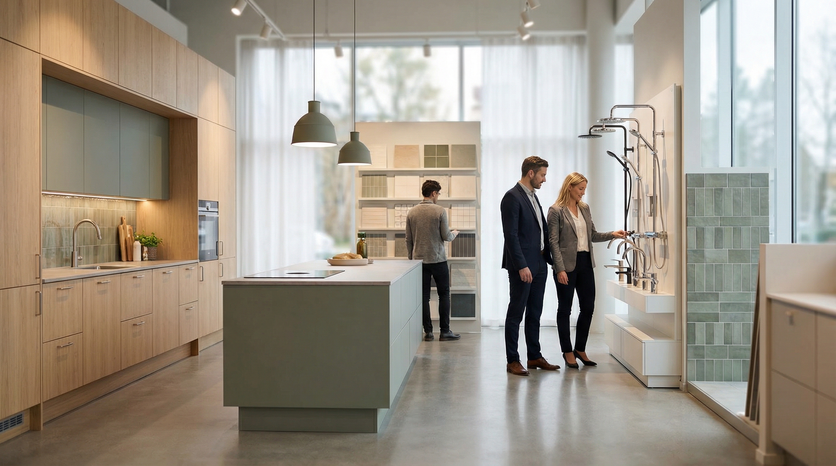 Kitchen and bathroom showroom display with modern cabinet and tile options