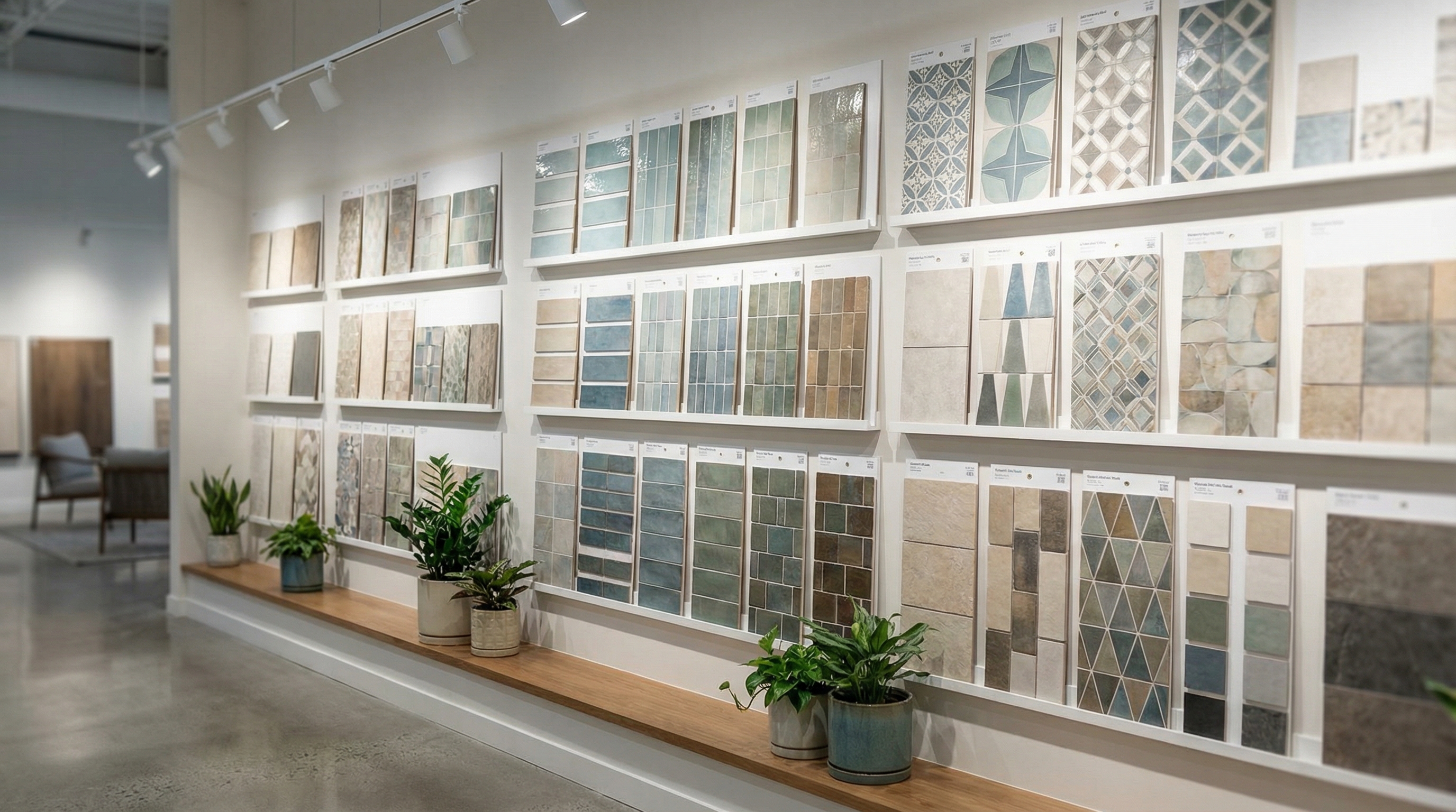 Bathroom tile sample display wall in professional showroom