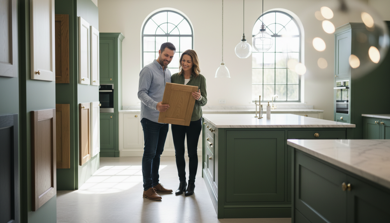 Homeowners consulting with kitchen showroom display