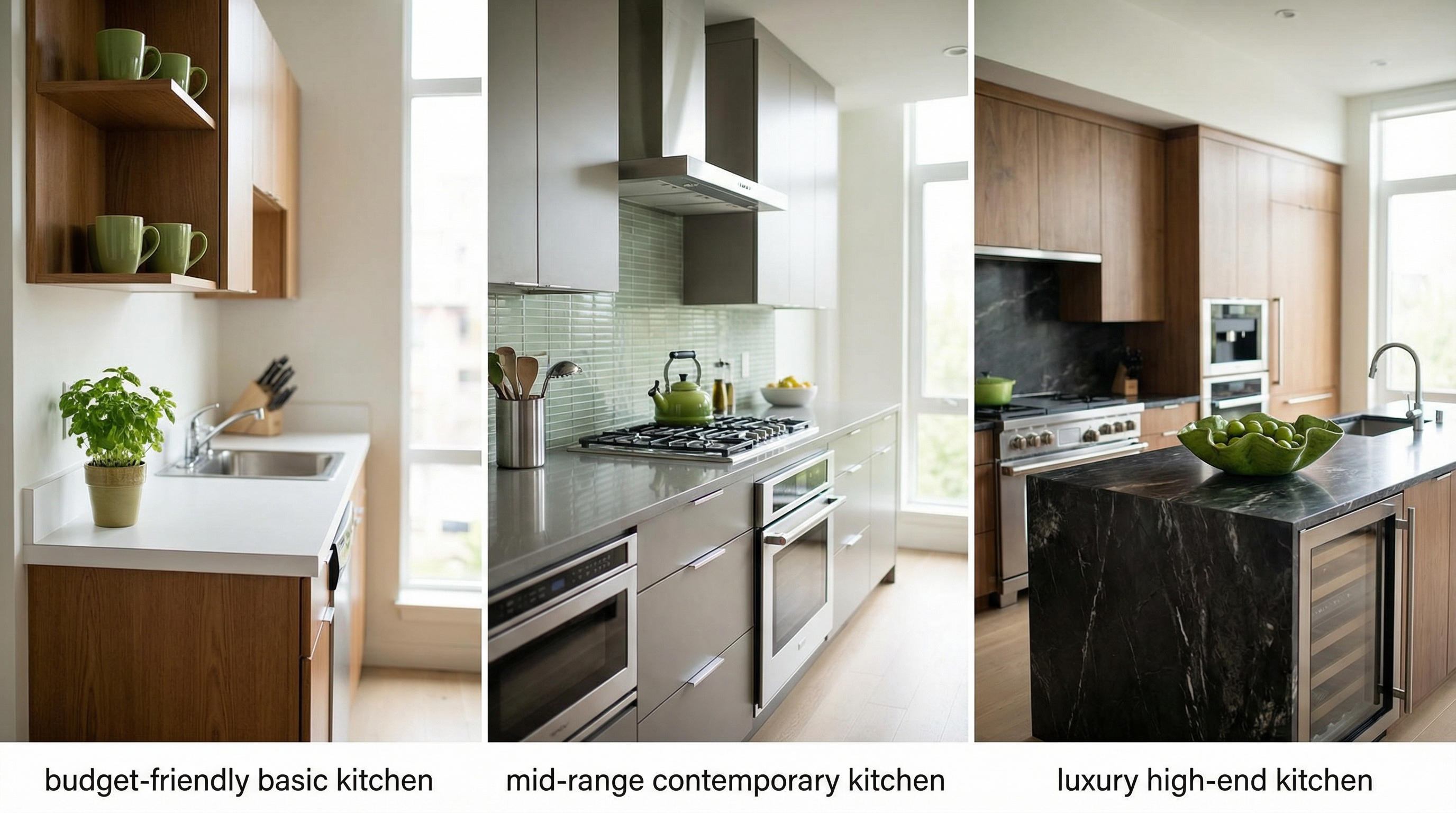 Comparison of minor, mid-range, and luxury kitchen remodel styles and finishes