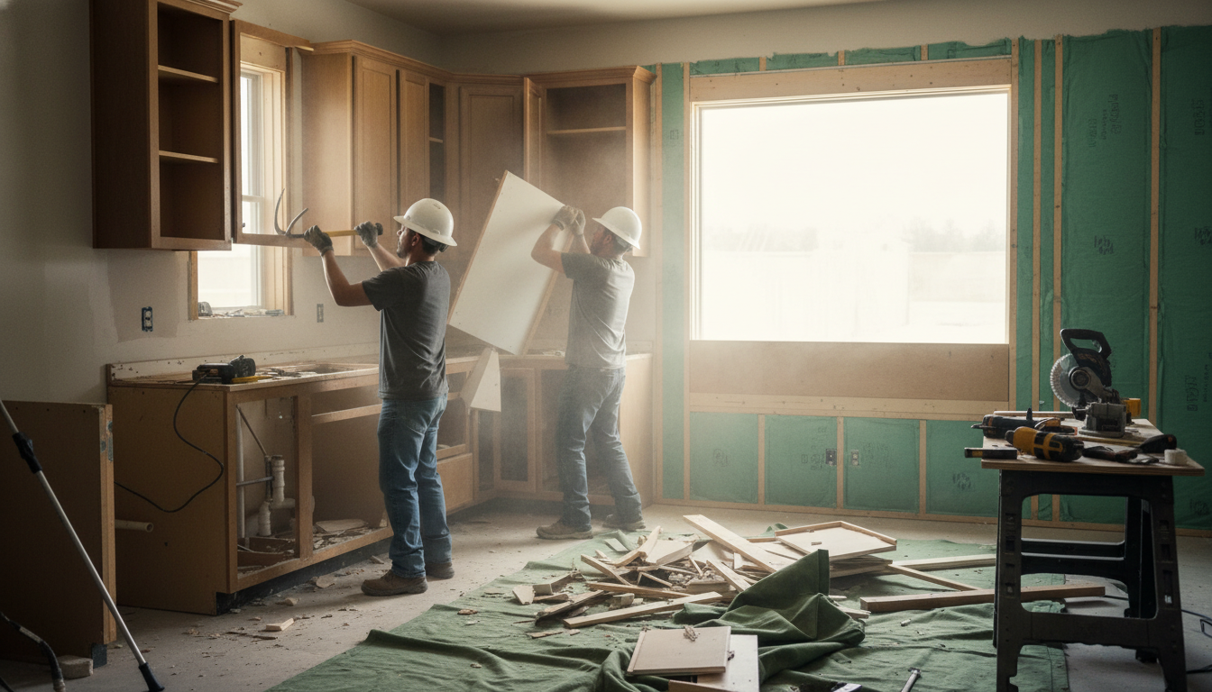 Kitchen remodel construction phase showing demolition and preparation