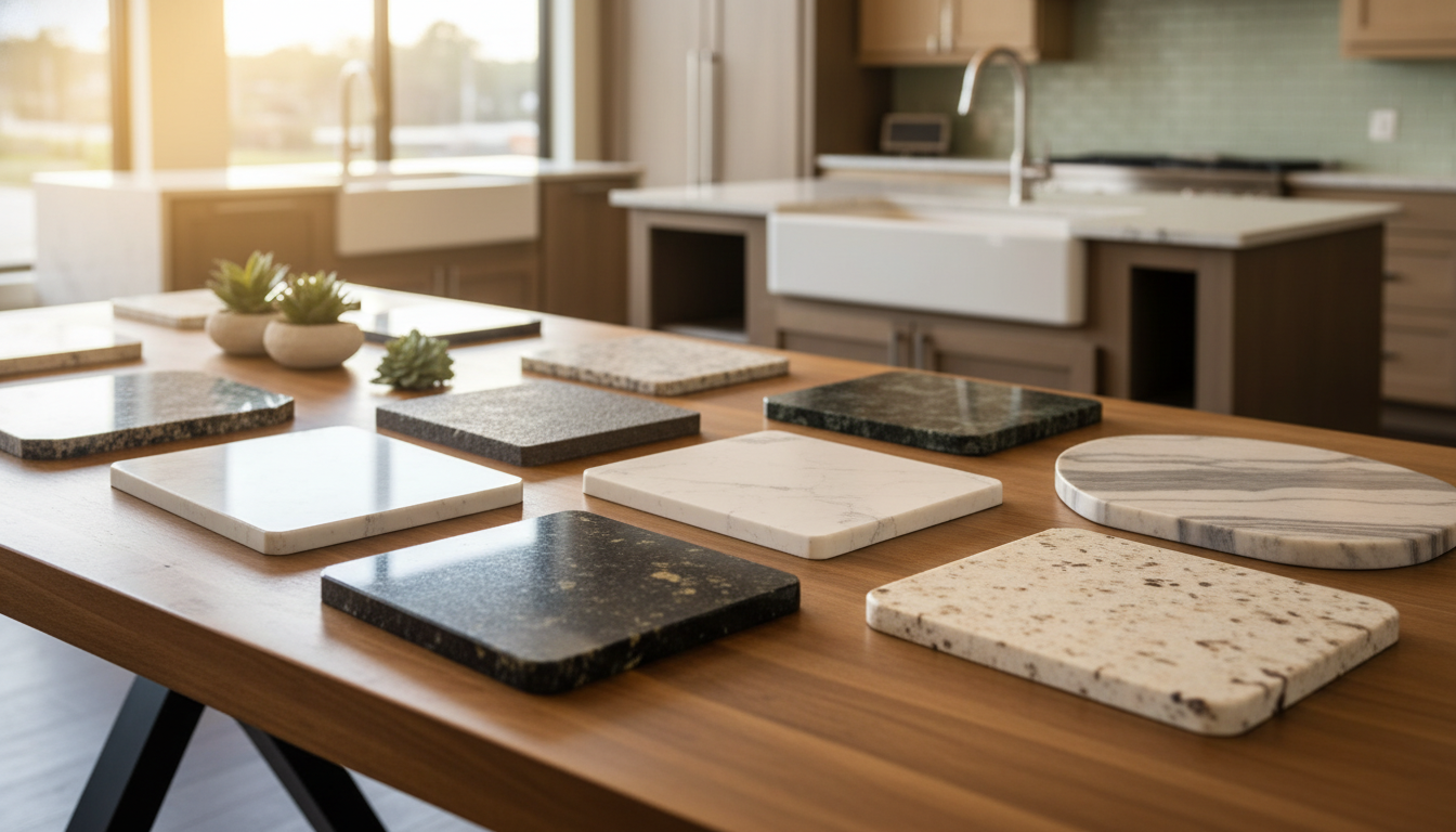 Countertop material samples showing granite and quartz options for kitchen selection