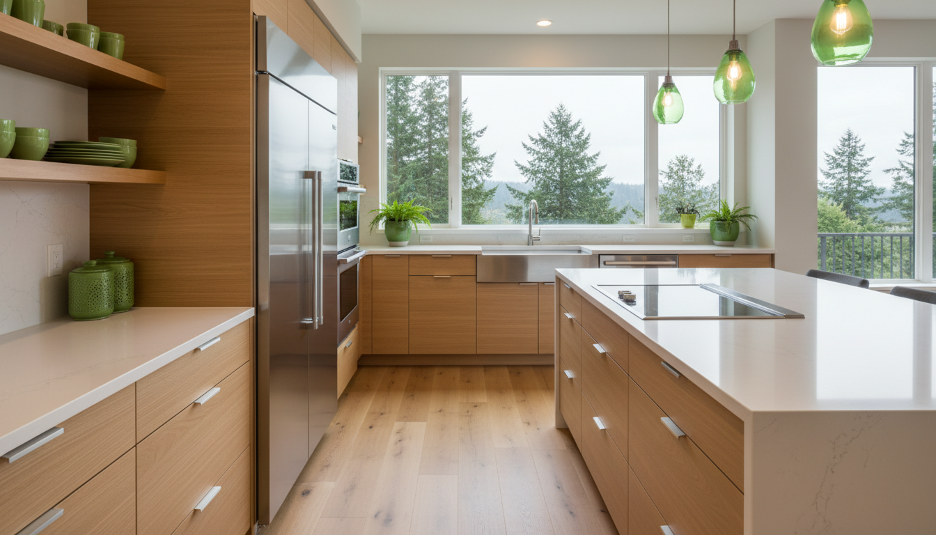 Modern kitchen remodel with custom cabinets and quartz countertops in Kirkland-style home