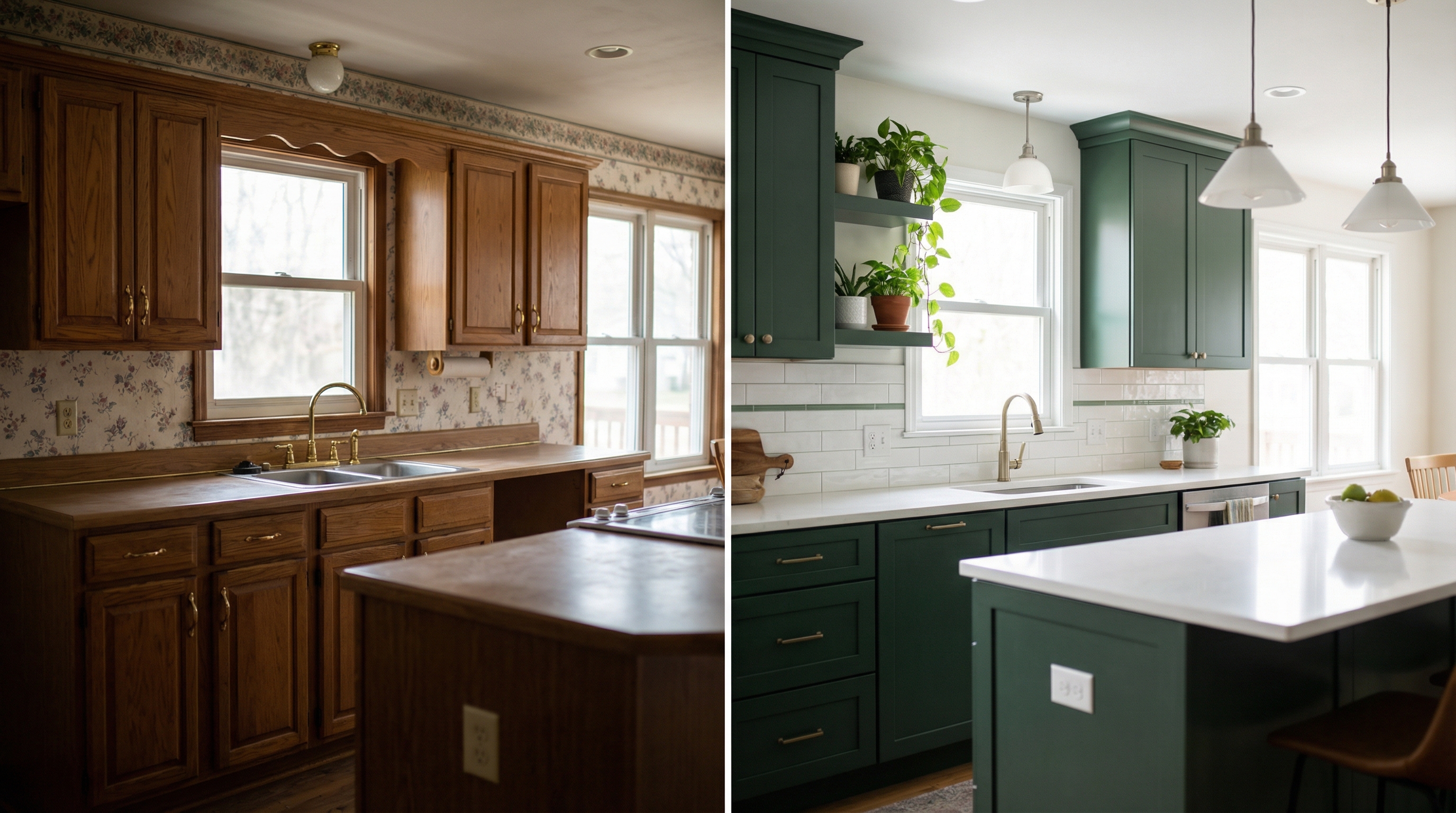Kitchen remodel before and after showing transformation from dated to modern design