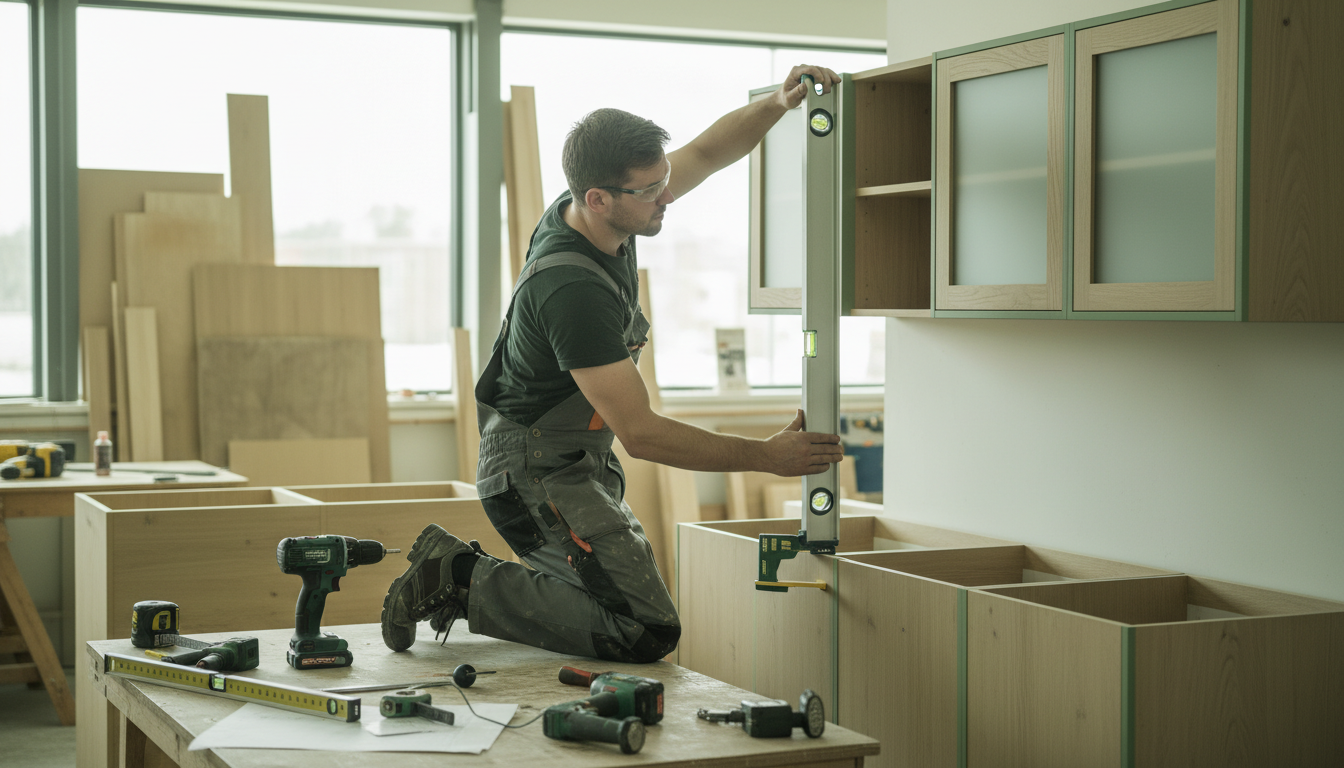 Professional kitchen cabinet installation showing custom cabinetry construction
